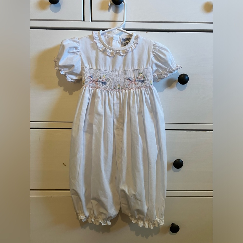 Vintage White Smocked Carriage Baby Girl Bubble Romper 9 months